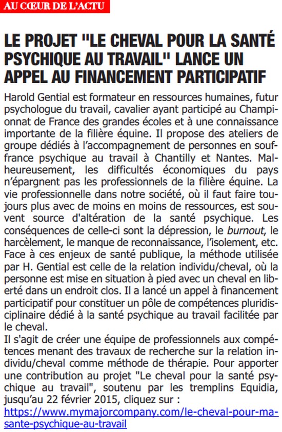 Développement personnel facilité par la relation individu/cheval - retombée presse en 2015 sur jourdegalop.com