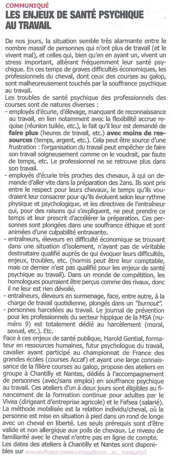 Développement personnel facilité par la relation individu/cheval - retombée presse en 2014 sur jourdegalop.com