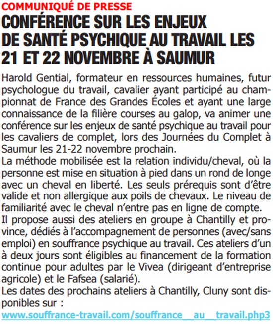 Développement personnel facilité par la relation individu/cheval - retombée presse en 2015 sur jourdegalop.com