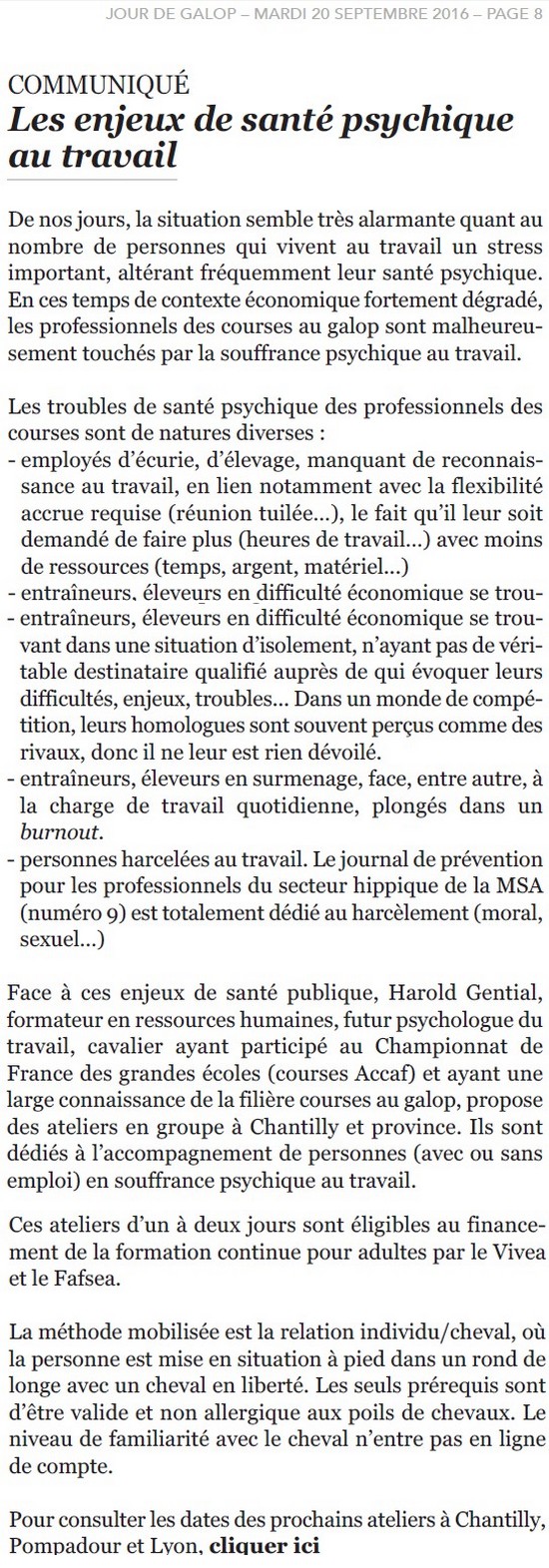 Développement personnel facilité par la relation individu/cheval - retombée presse en 2016 sur jourdegalop.com
